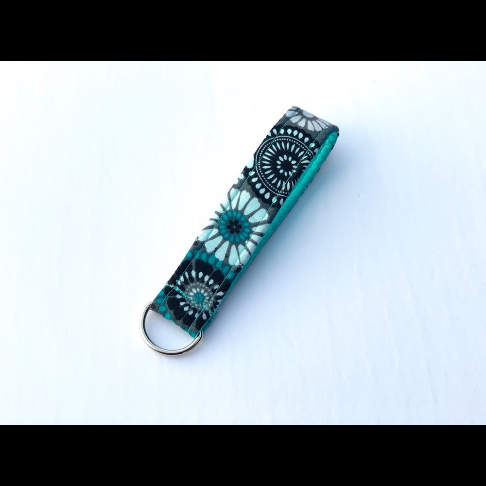 Aqua & floral key fob , key fob wristlet, keychain